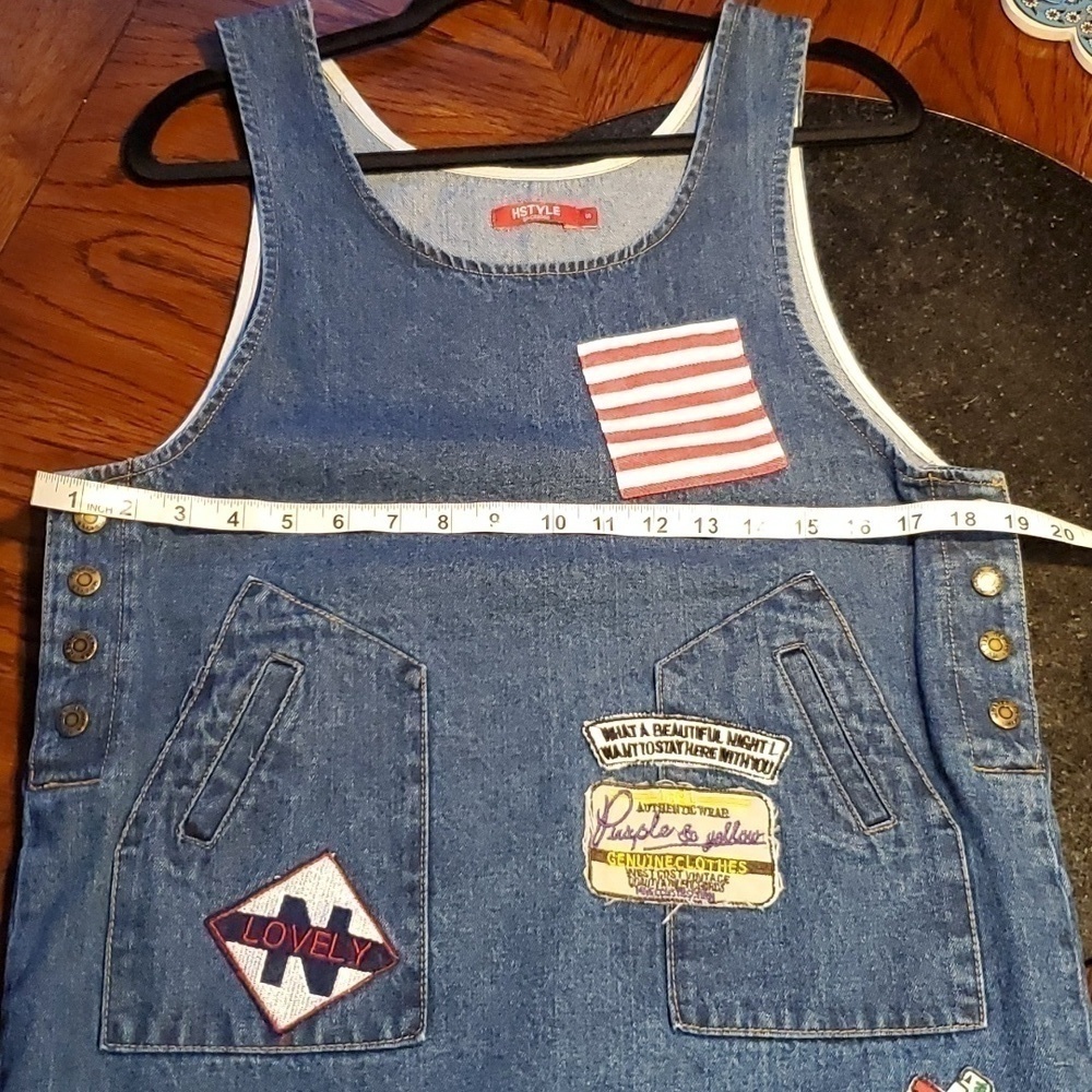 HSTYLE Korean Denim Side Snap Embroidered Patches Mini Dress Size Small - Picture 9 of 13